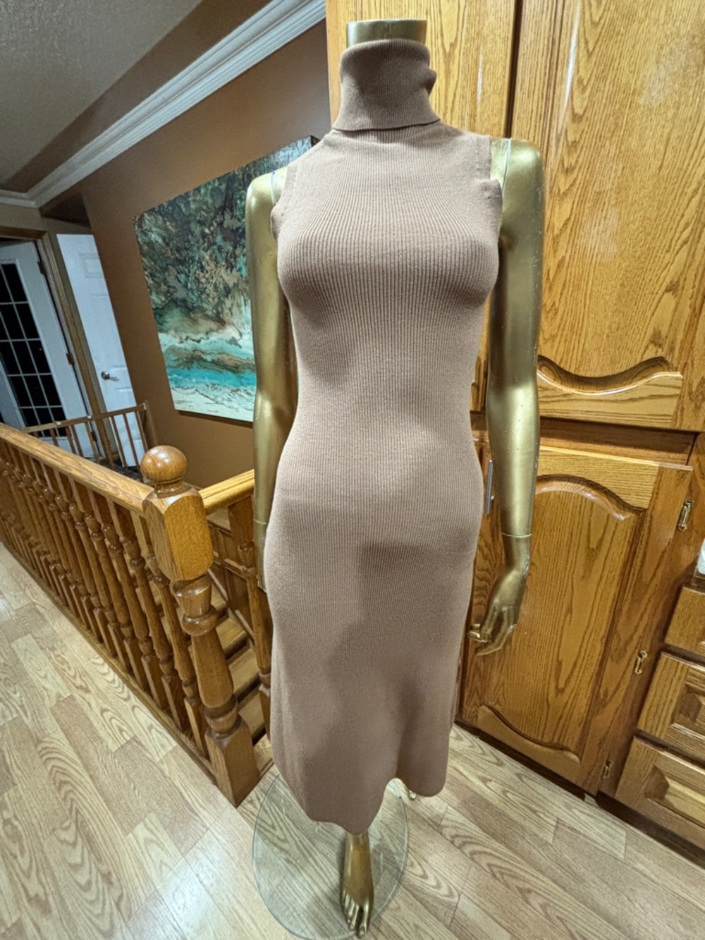 Wilfred Taupe Sleeveless Ribbed Turtleneck Midi Dress - Picture 6 of 11